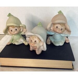 Vintage Homco 5615 Porcelain Flower Fairies Set of‎ 3 Pastel Green Blue White